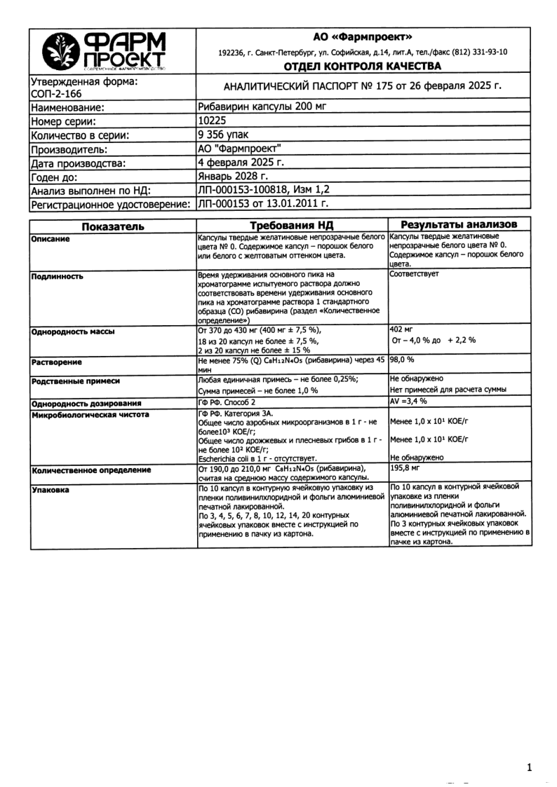 Сертификат на Рибавирин