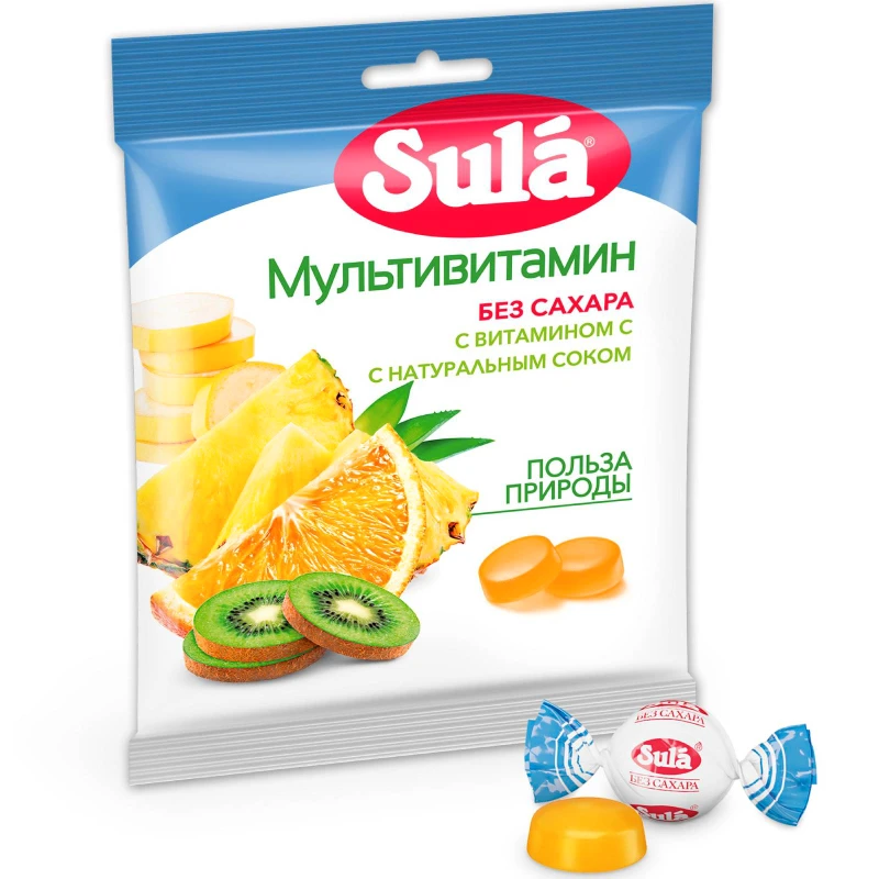 Sula, карамель леденцовая без сахара(мультивитамин), пакет 60 г