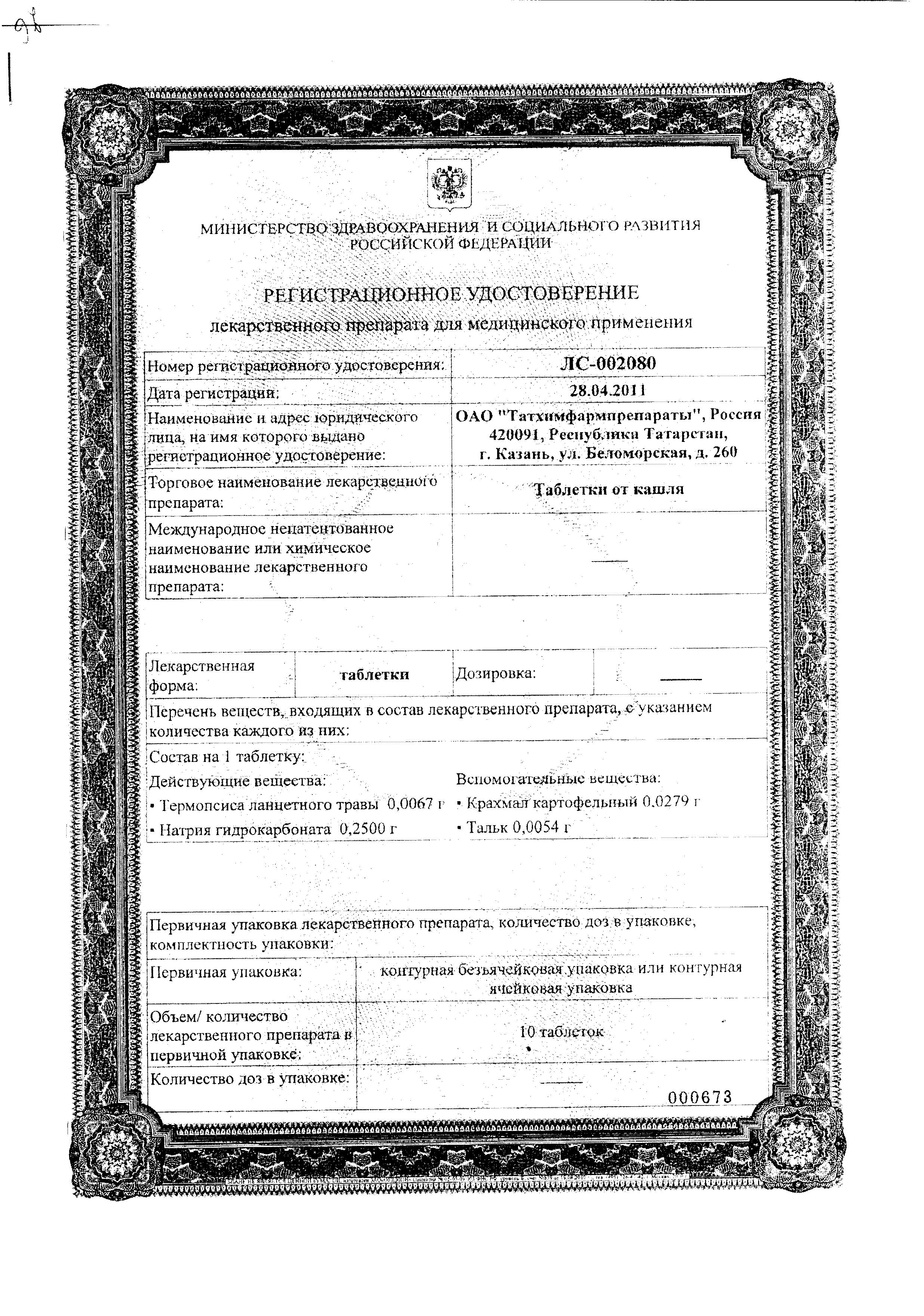 Сертификат на Таблетки от кашля