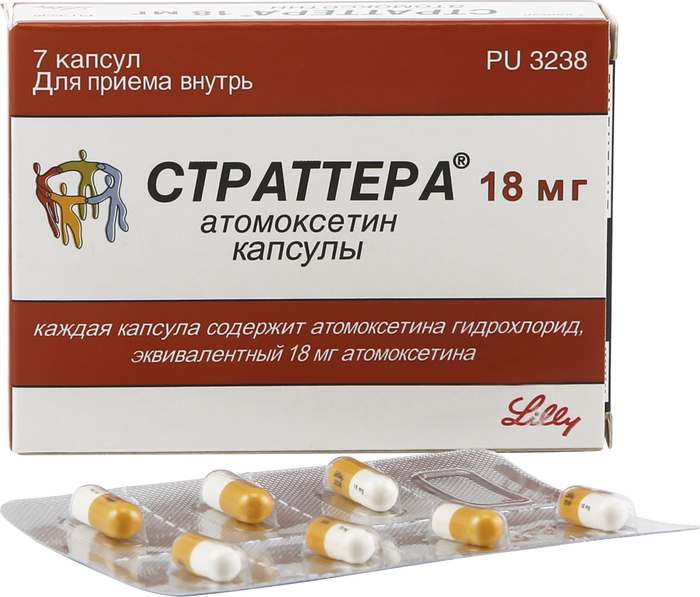 Упаковка препарата Страттера, капсулы 18 мг, 7 шт.