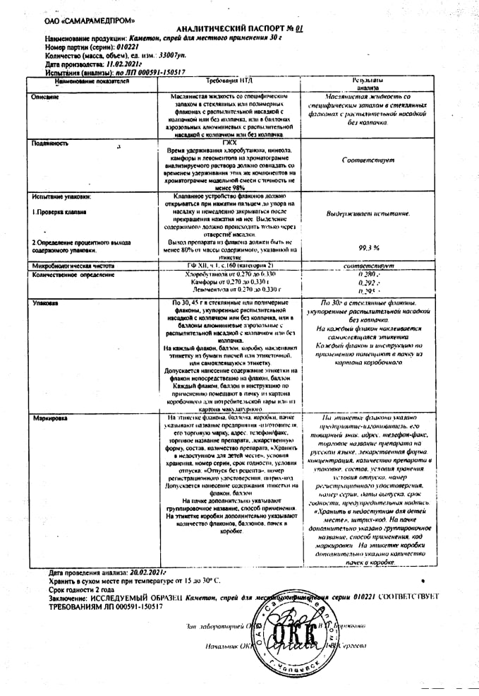 Сертификат на Каметон