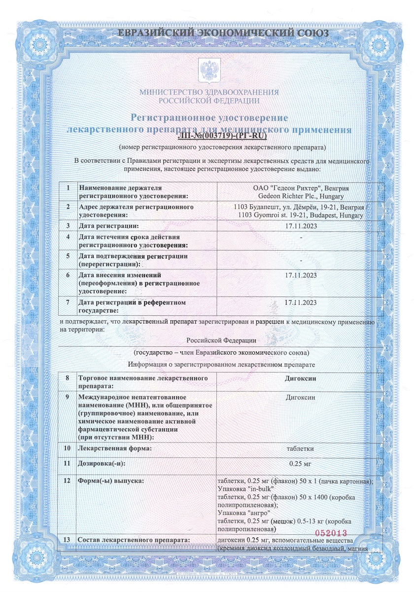 Сертификат на Дигоксин