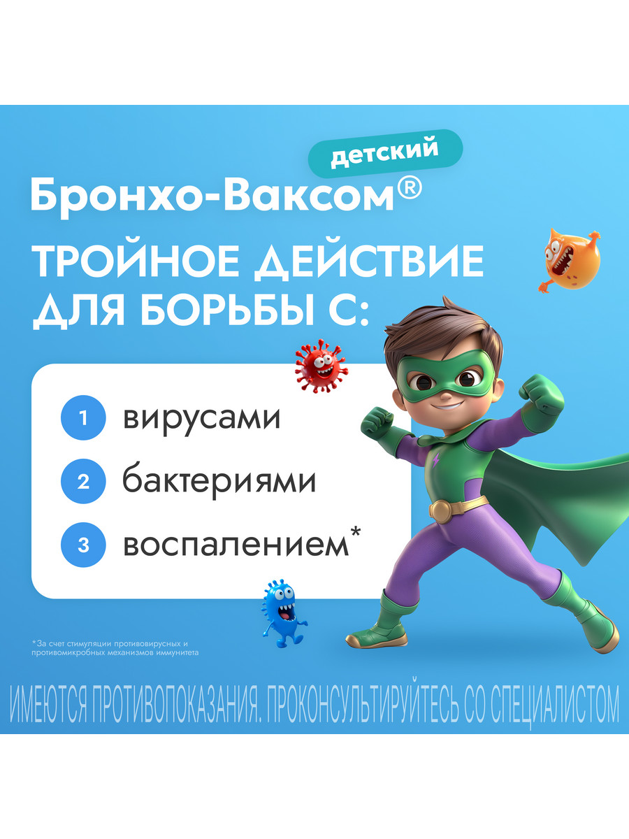 Упаковка препарата Бронхо-Ваксом детский, капсулы 3,5 мг, 10 шт.