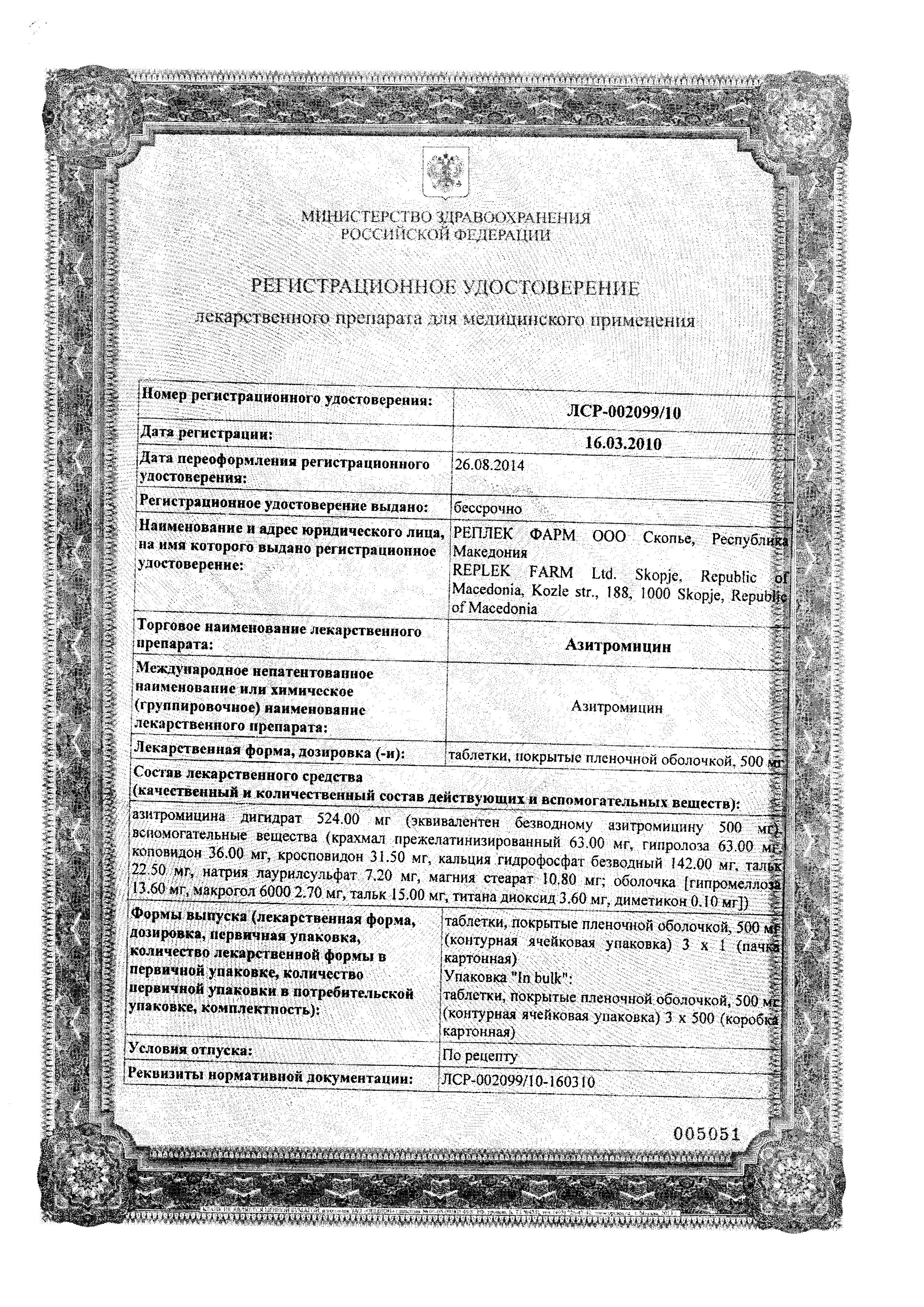 Сертификат на Азитромицин