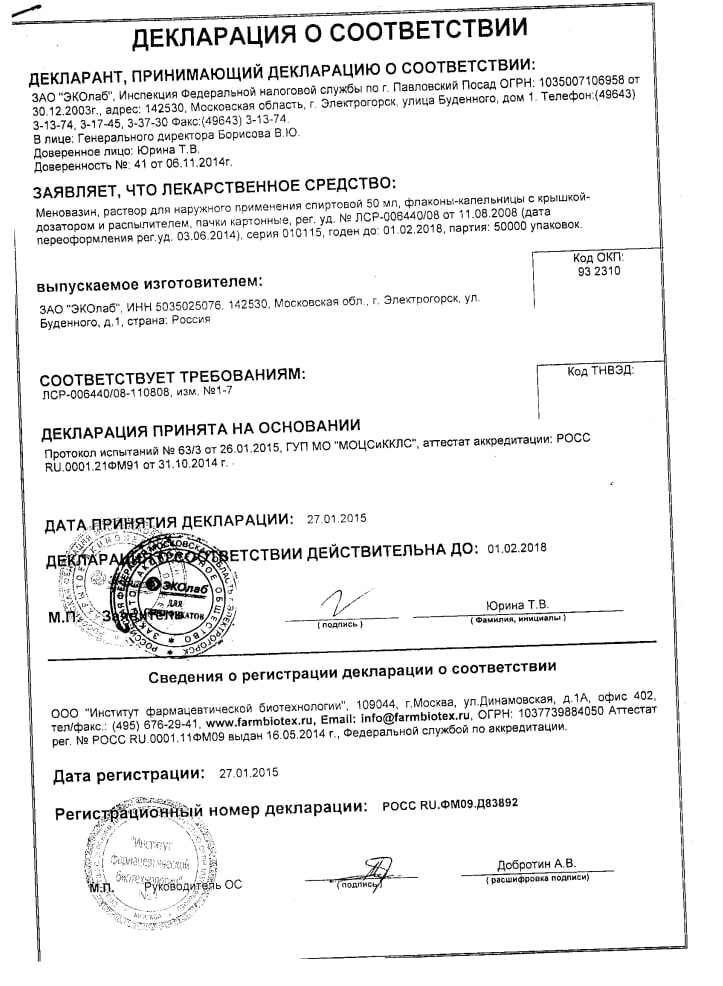 Сертификат на Меновазин