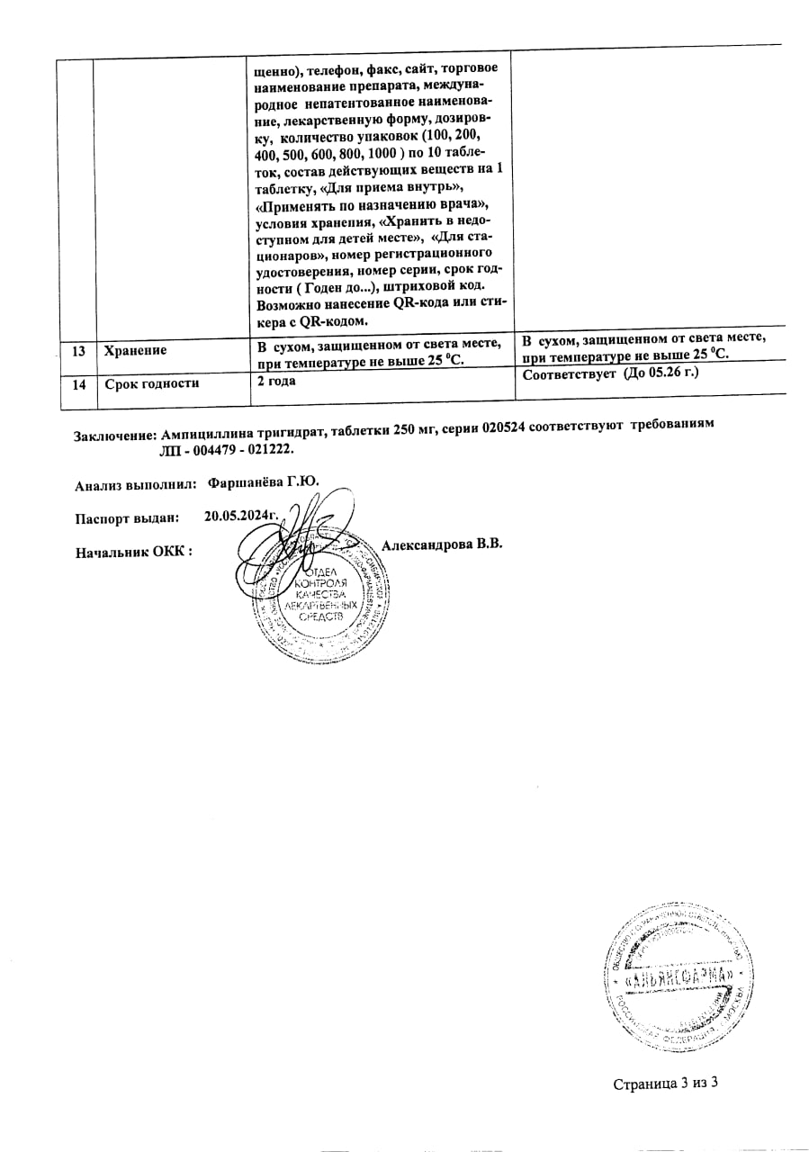 Сертификат на Ампициллина тригидрат