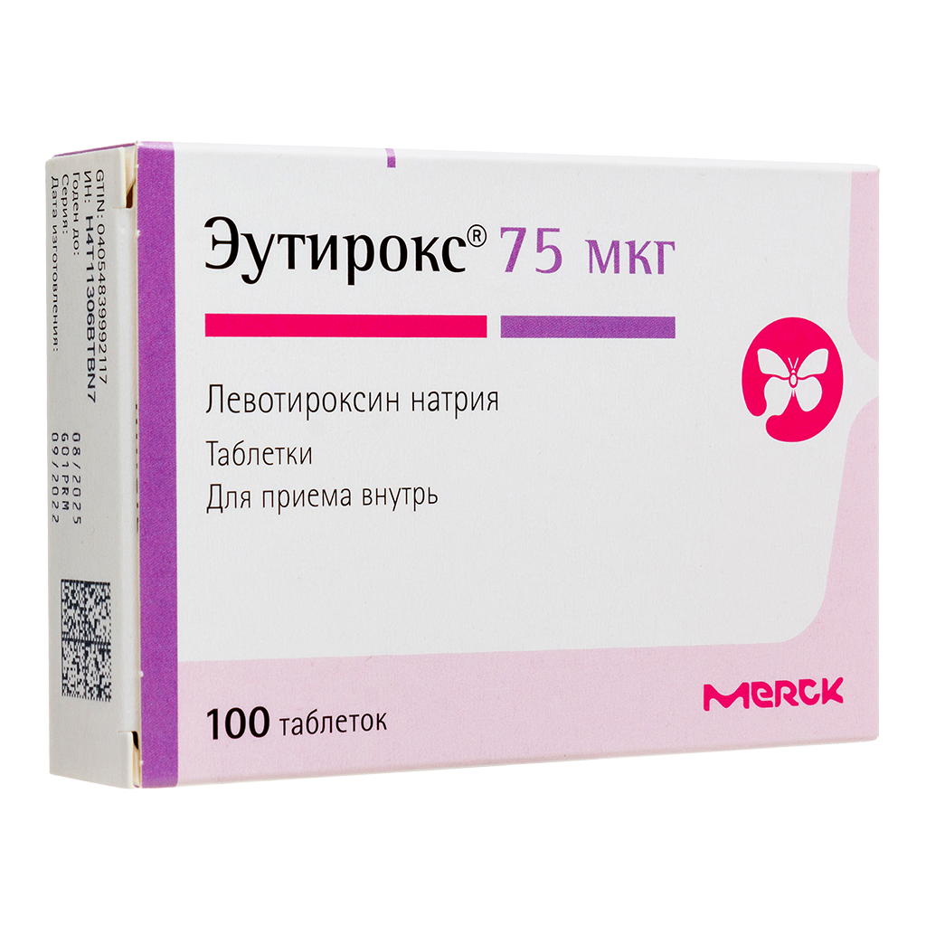 Упаковка препарата Эутирокс, таблетки 0,075 мг, 100 шт.