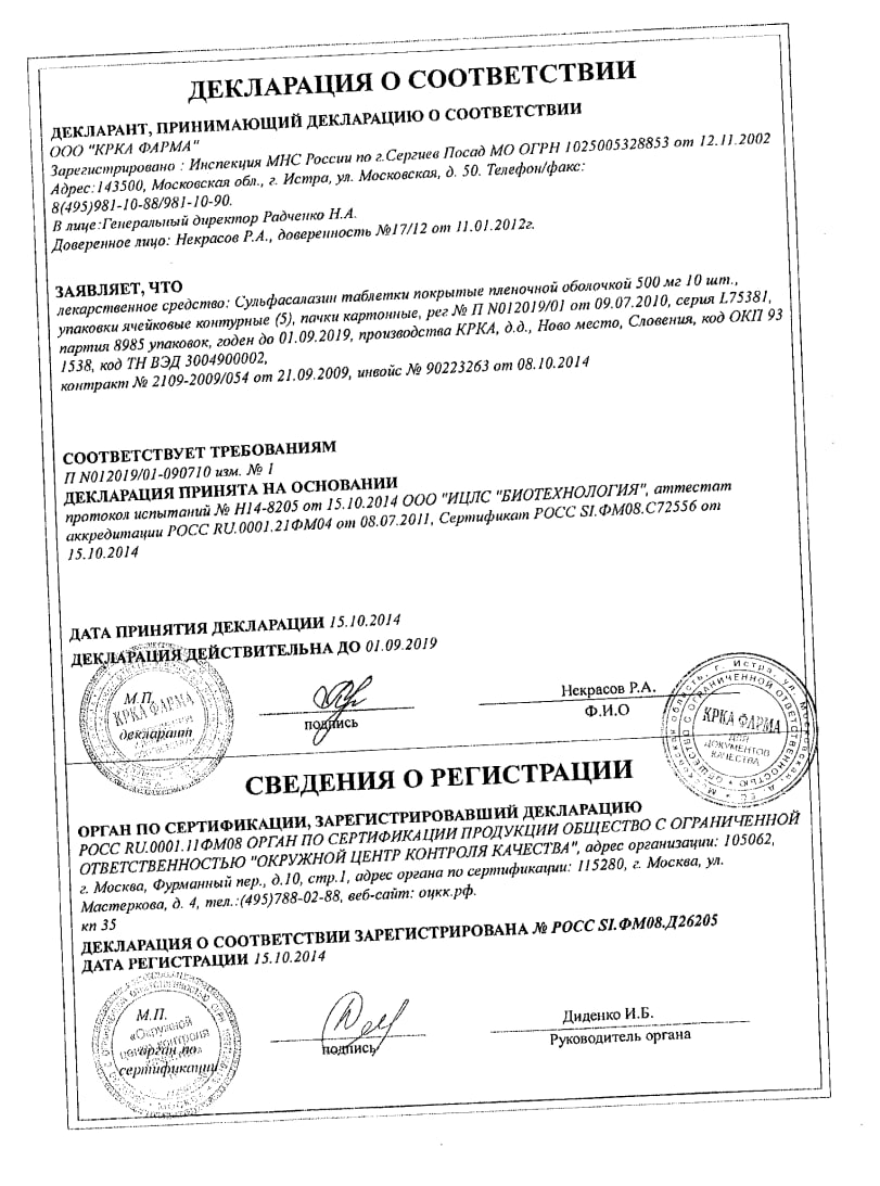 Сертификат на Сульфасалазин