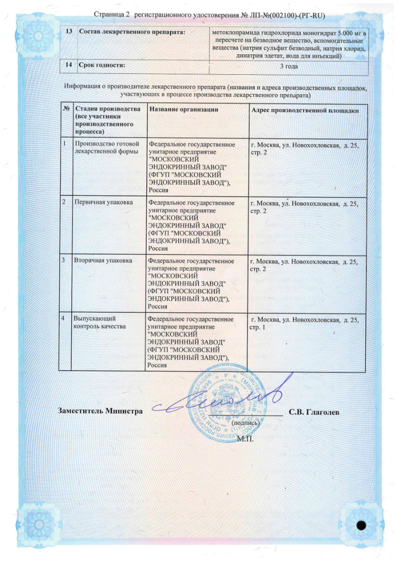 Сертификат на Метоклопрамид, раствор 0.5 % ампулы 2 мл, 10 шт.