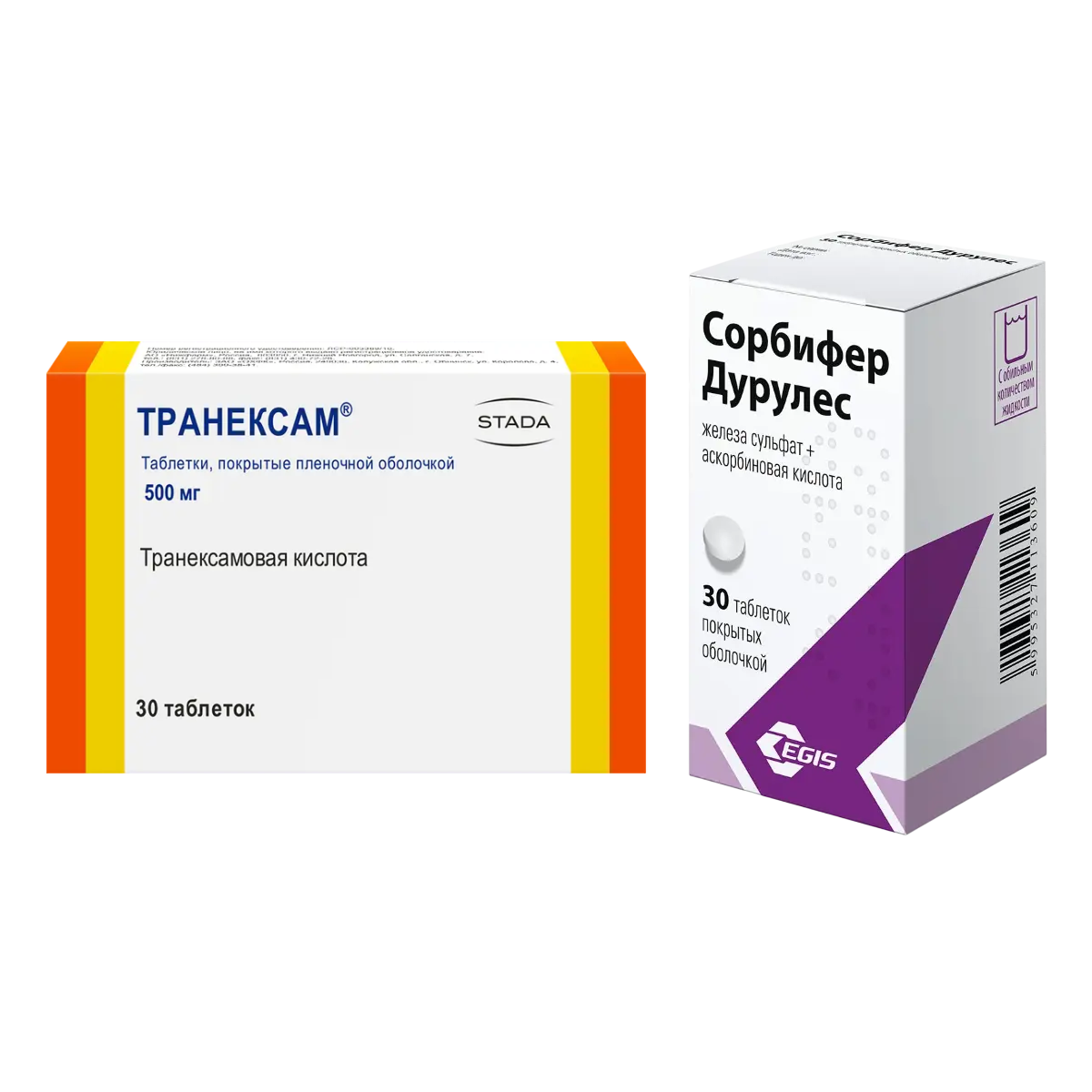 Упаковка препарата Набор Сорбифер Дурулес 30шт и Транексам таблетки п/о 30шт