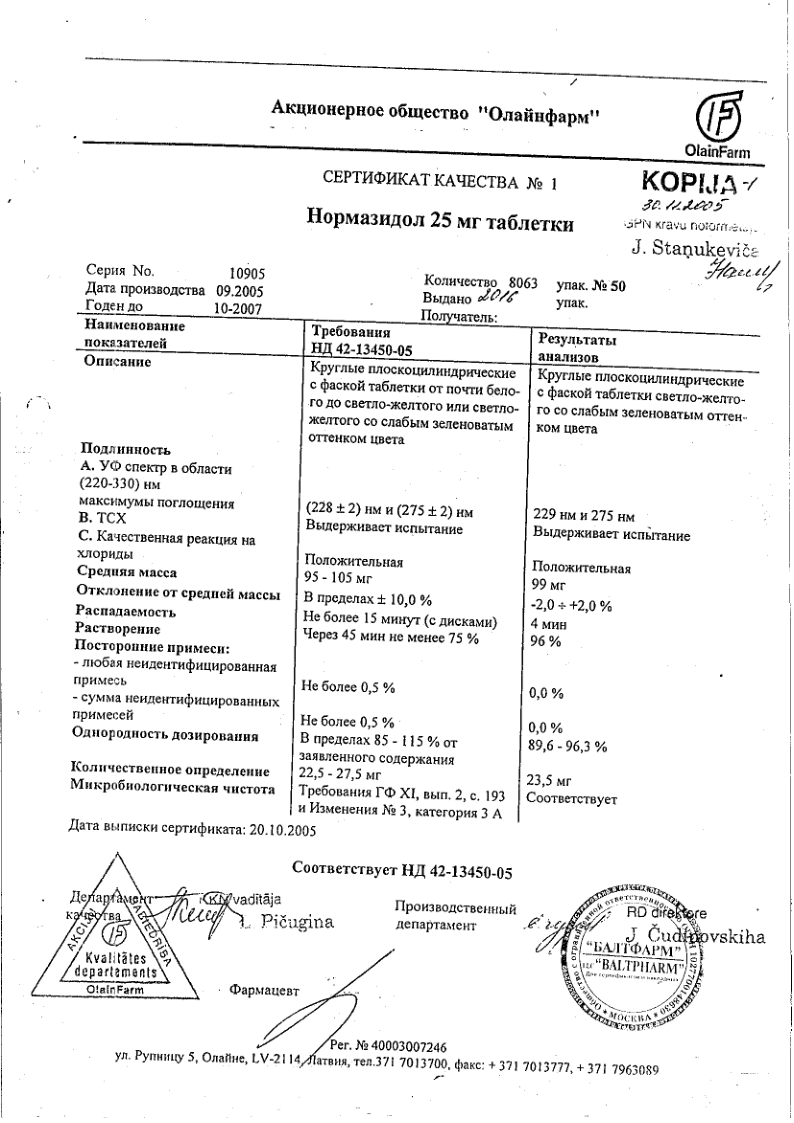 Сертификат на Нормазидол