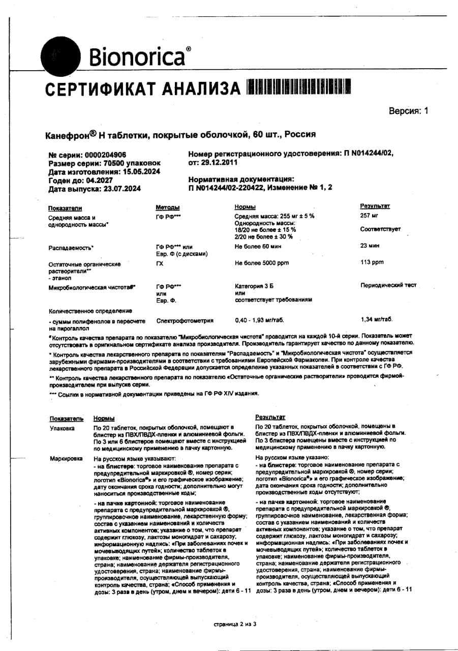 Сертификат на Канефрон