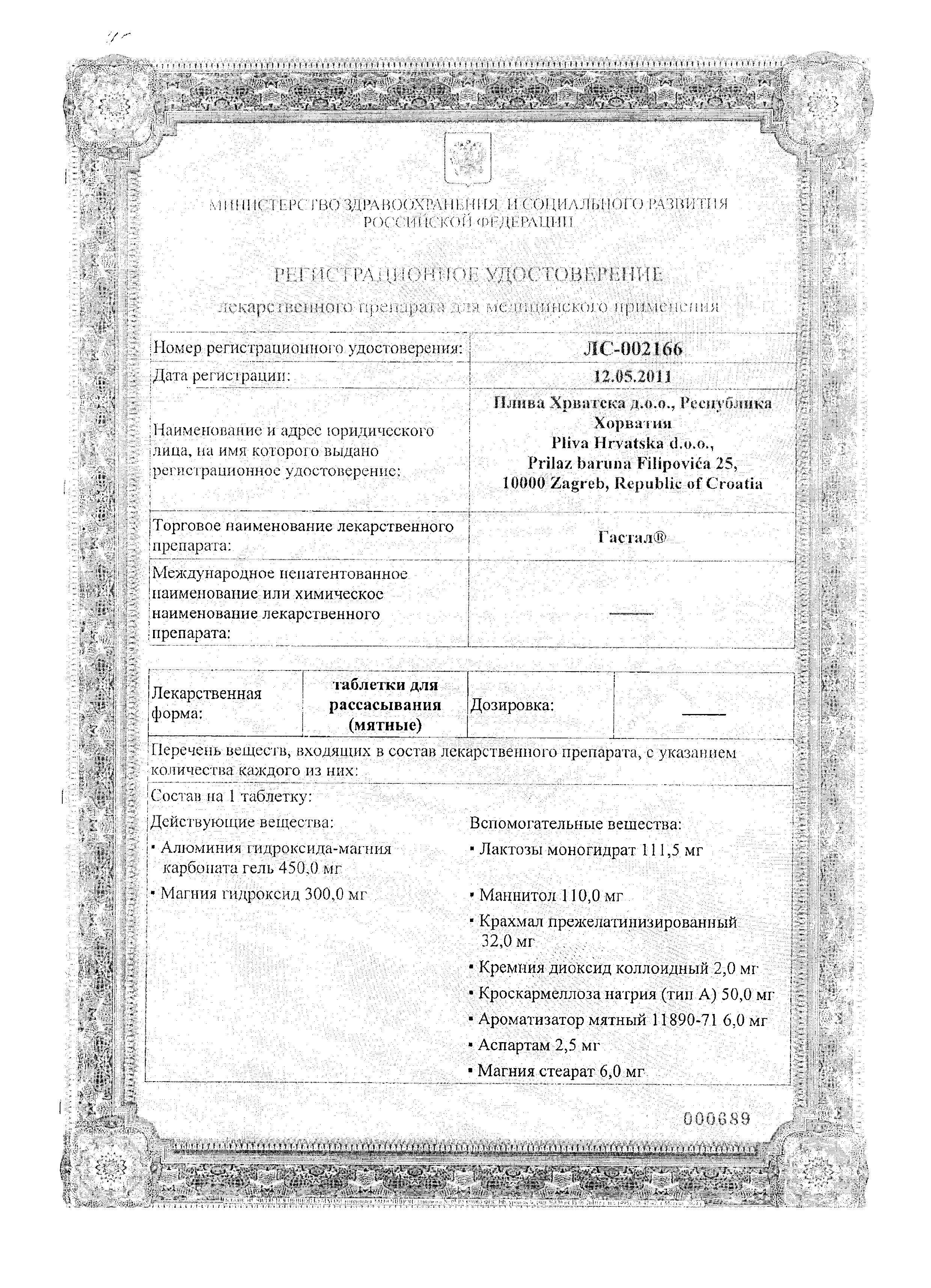 Сертификат на Гастал