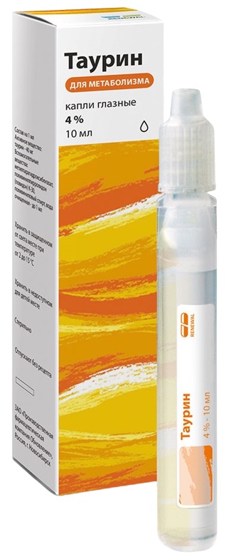 Упаковка препарата Таурин Реневал, капли глазные 4%, 10 мл