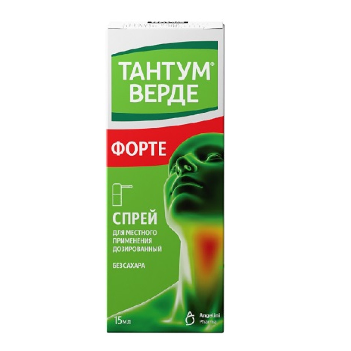 Упаковка препарата Тантум Верде Форте, спрей 0.51 мг/доза, 15 мл