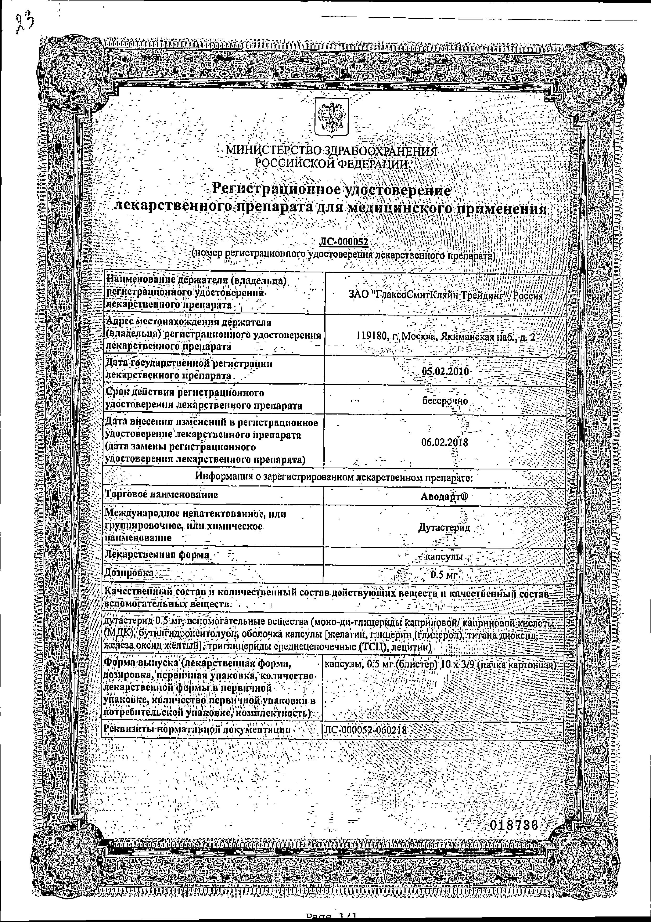 Сертификат на Аводарт