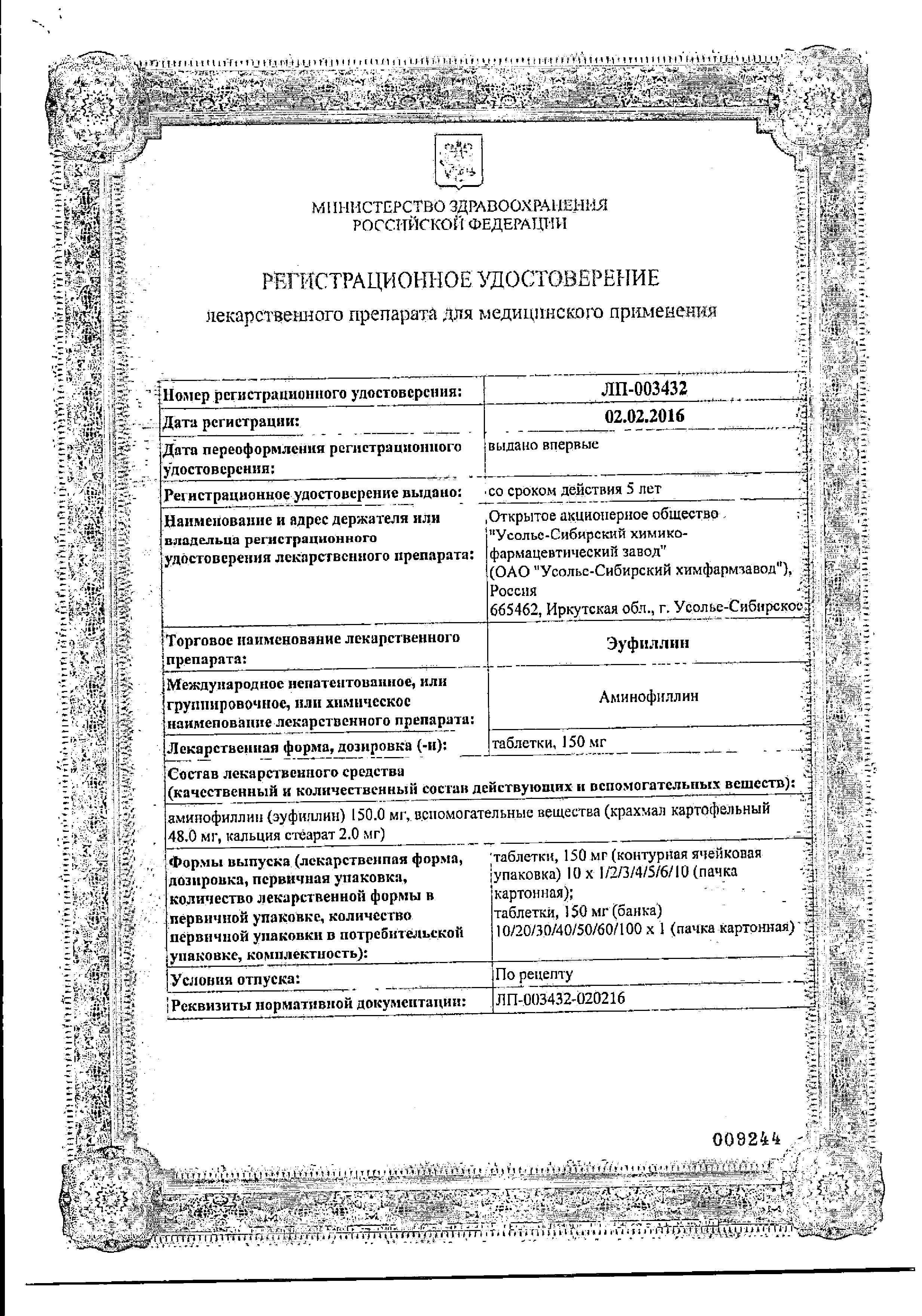 Сертификат на Эуфиллин