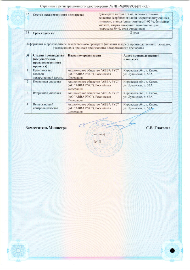 Сертификат на Бутамират