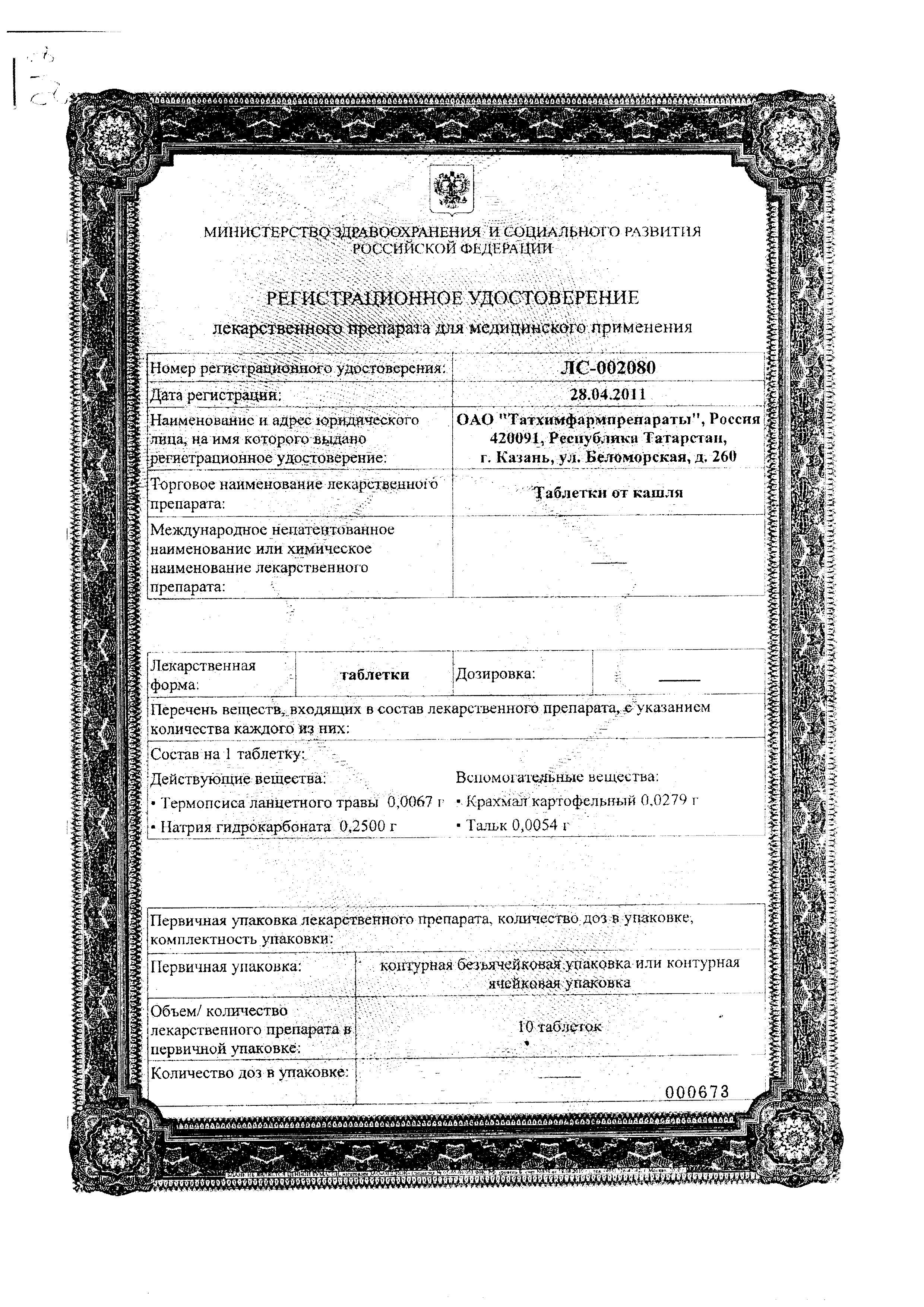 Сертификат на Таблетки от кашля