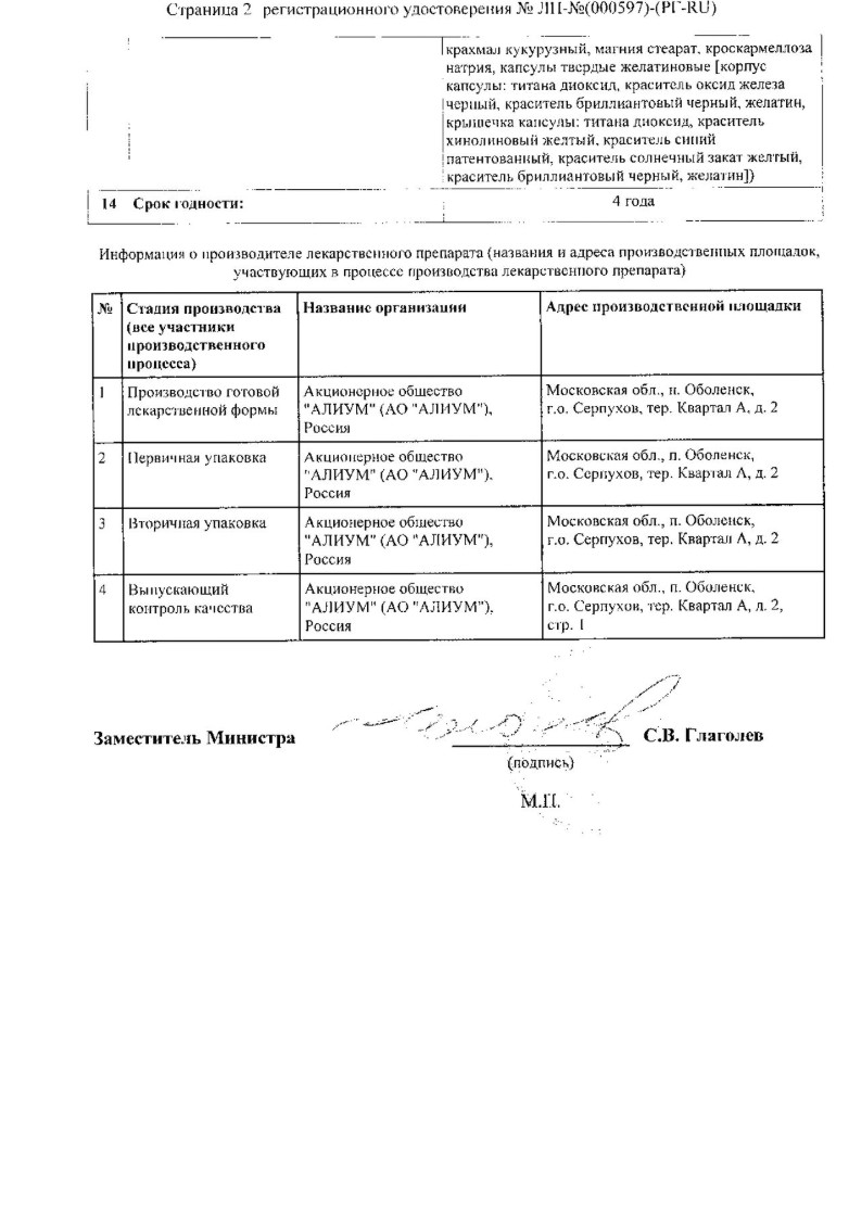 Сертификат на Лоперамид-Алиум, капсулы 2 мг, 20 шт.