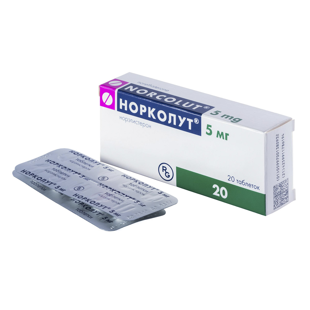 Упаковка препарата Норколут, таблетки 5 мг, 20 шт.