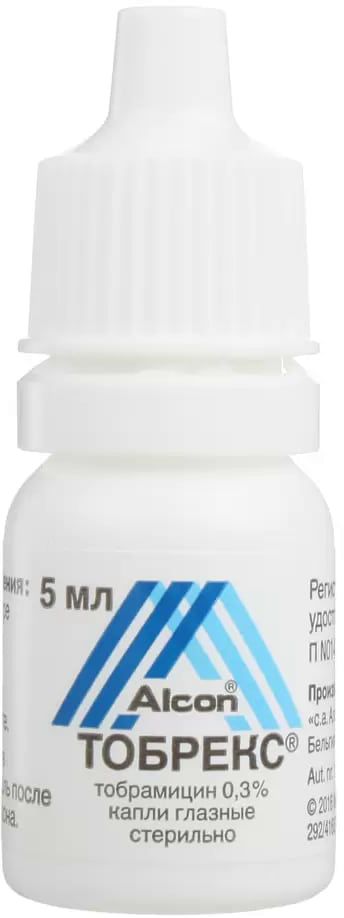 Упаковка препарата Тобрекс, капли глазные 0.3%, 5 мл
