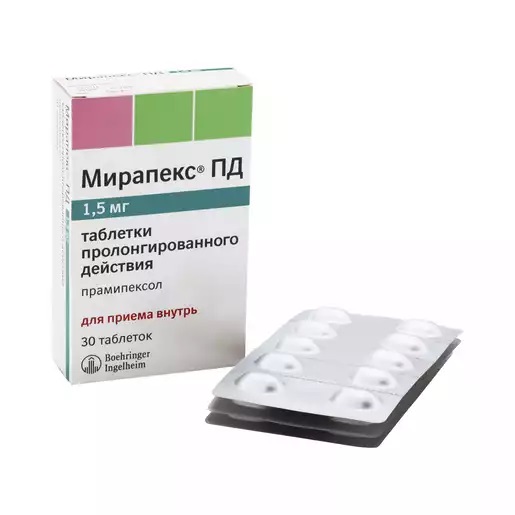 Упаковка препарата Мирапекс ПД, таблетки с пролонгированным высвобождением 1,5 мг, 30 шт.