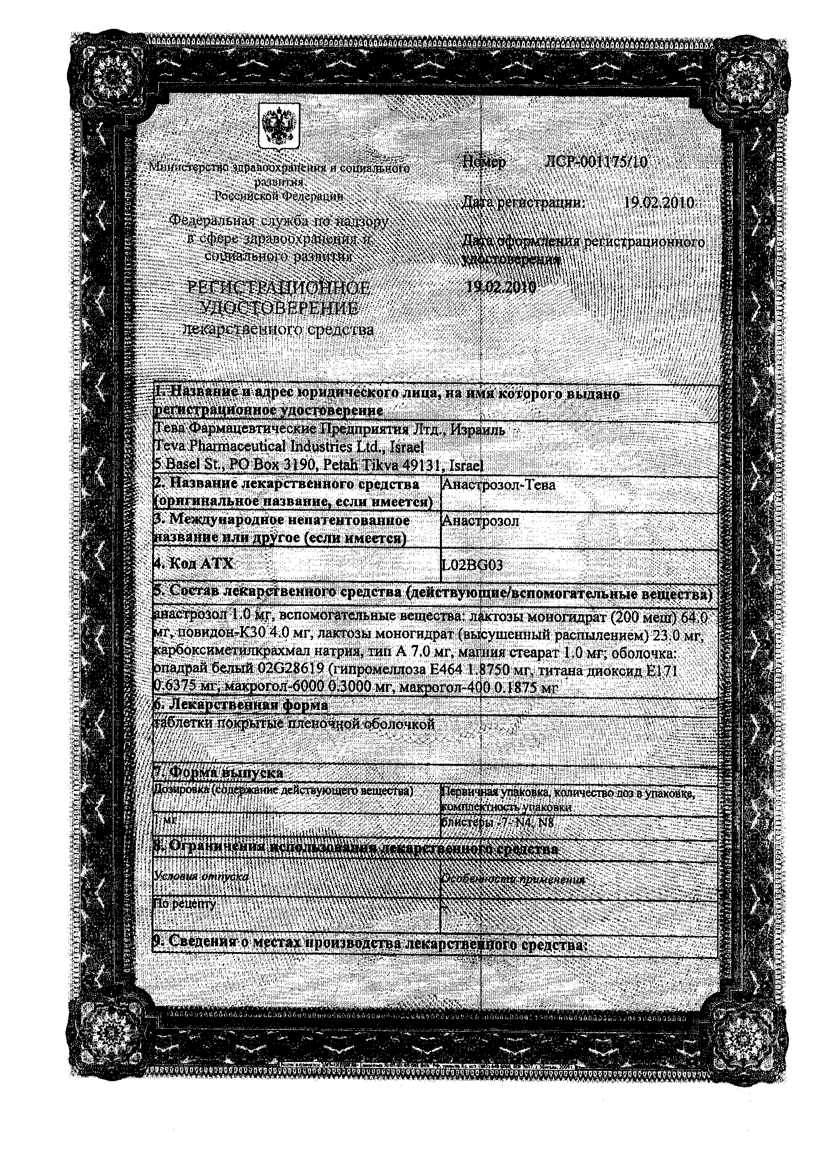 Сертификат на Анастрозол