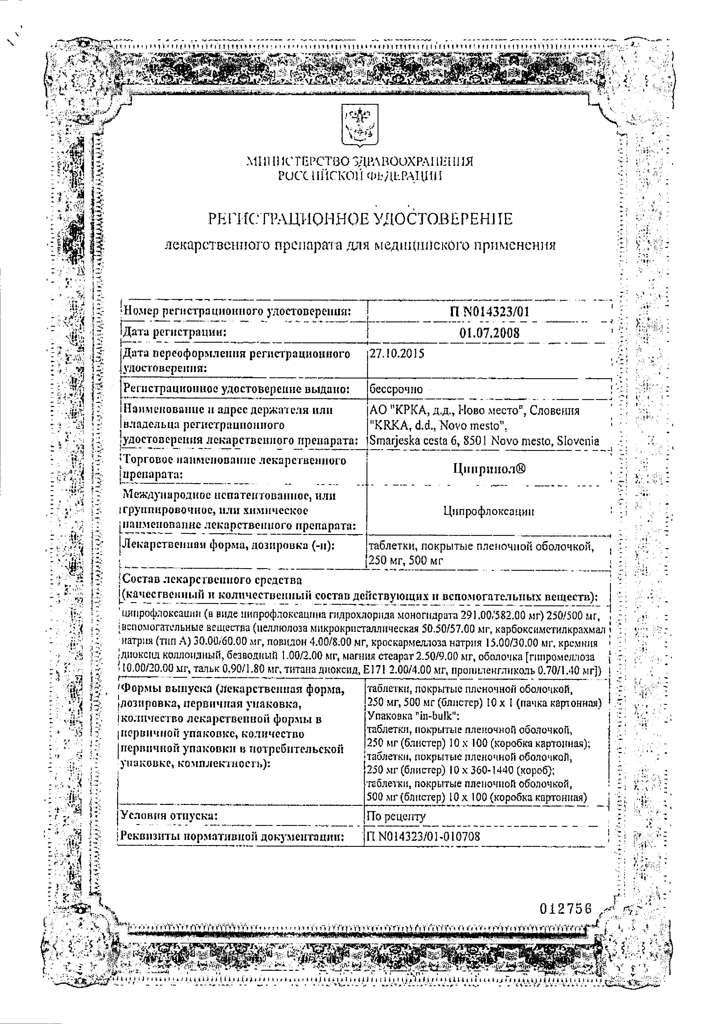 Сертификат на Ципринол