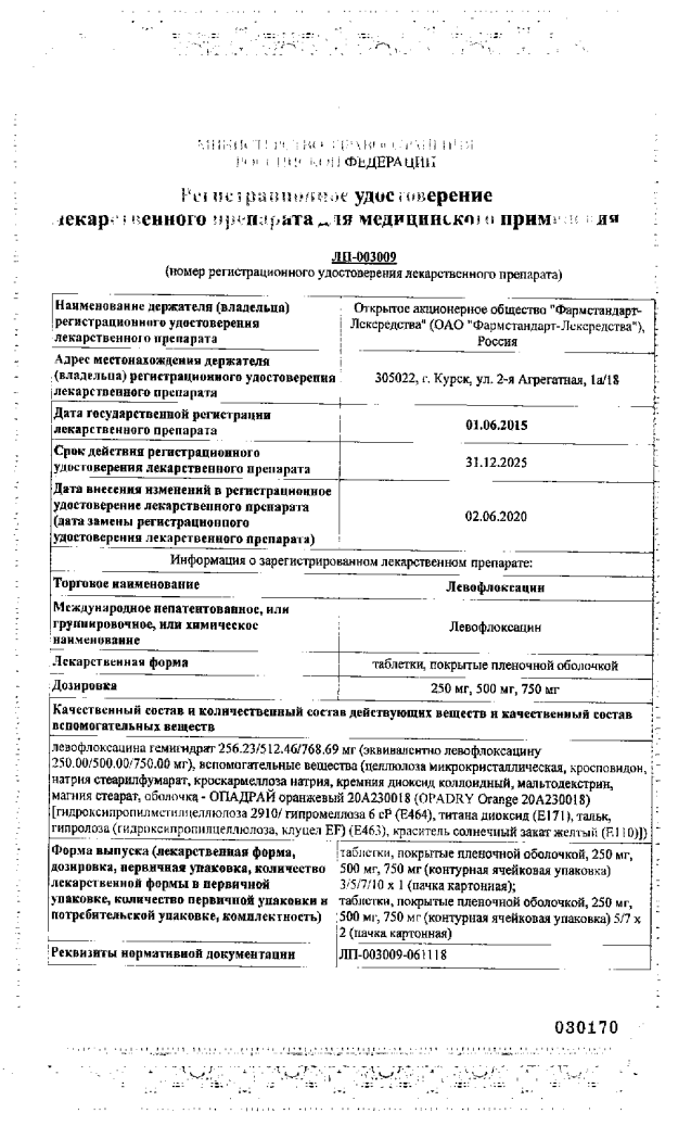 Сертификат на Левофлоксацин