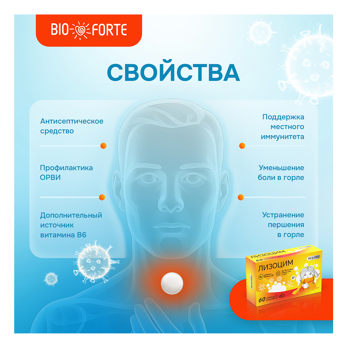 Упаковка препарата Лизоцим BioForte, таблетки 200 мг, 60 шт.