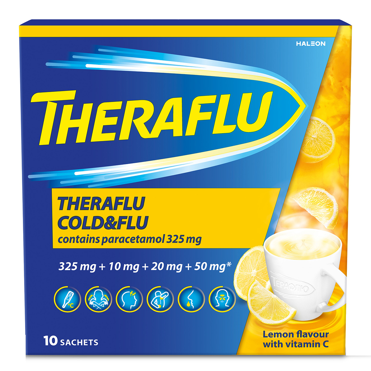 Упаковка препарата ТераФлю, жаропонижающее обезболивающее средство от симптомов гриппа и простуды, 10 шт.