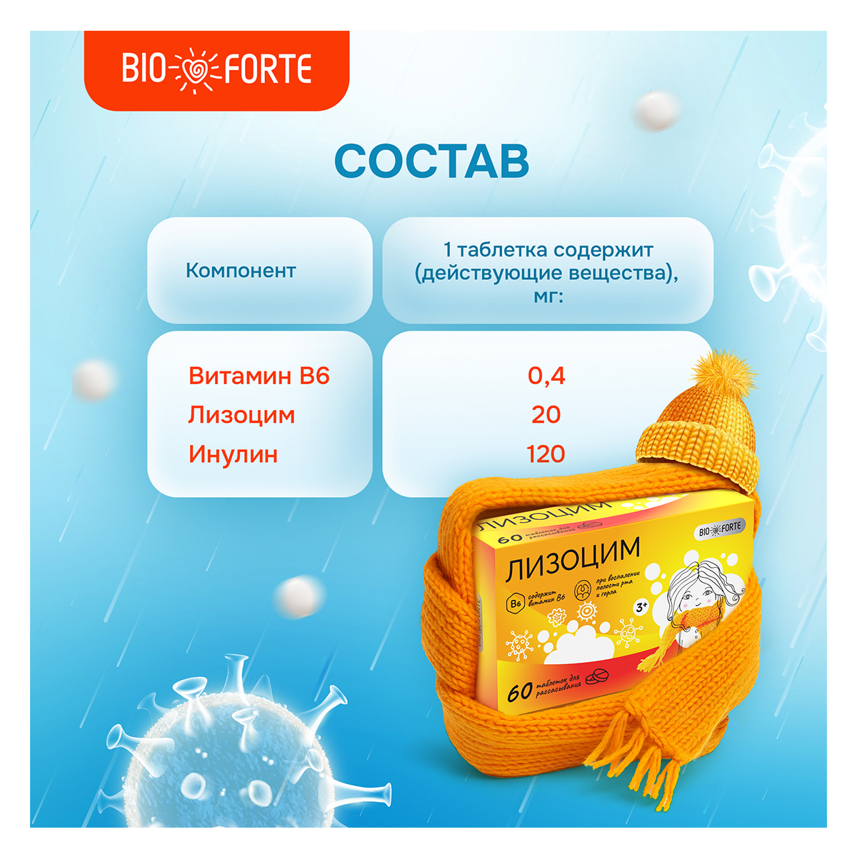 Упаковка препарата Лизоцим BioForte, таблетки 200 мг, 60 шт.