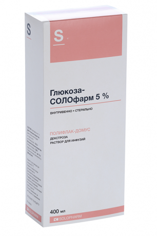Упаковка препарата Глюкоза-СОЛОфарм, раствор для инфузий 5%, 400 мл
