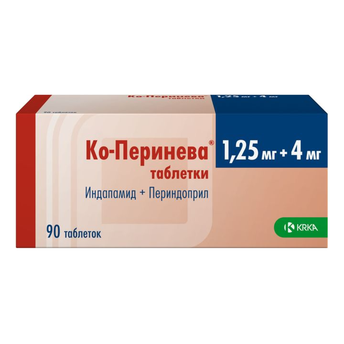 Упаковка препарата Ко-Перинева, таблетки 1,25 мг+4 мг, 90 шт.