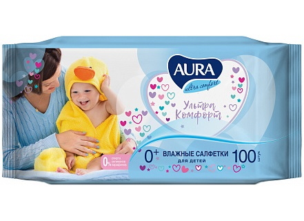 Aura Ultra Comfort, салфетки влажные для детей с экстрактом алоэ и витамином Е, 100 шт.