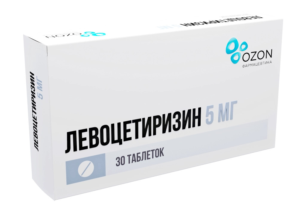 Упаковка препарата Левоцетиризин, таблетки в пленочной оболочке 5 мг, 30 шт.