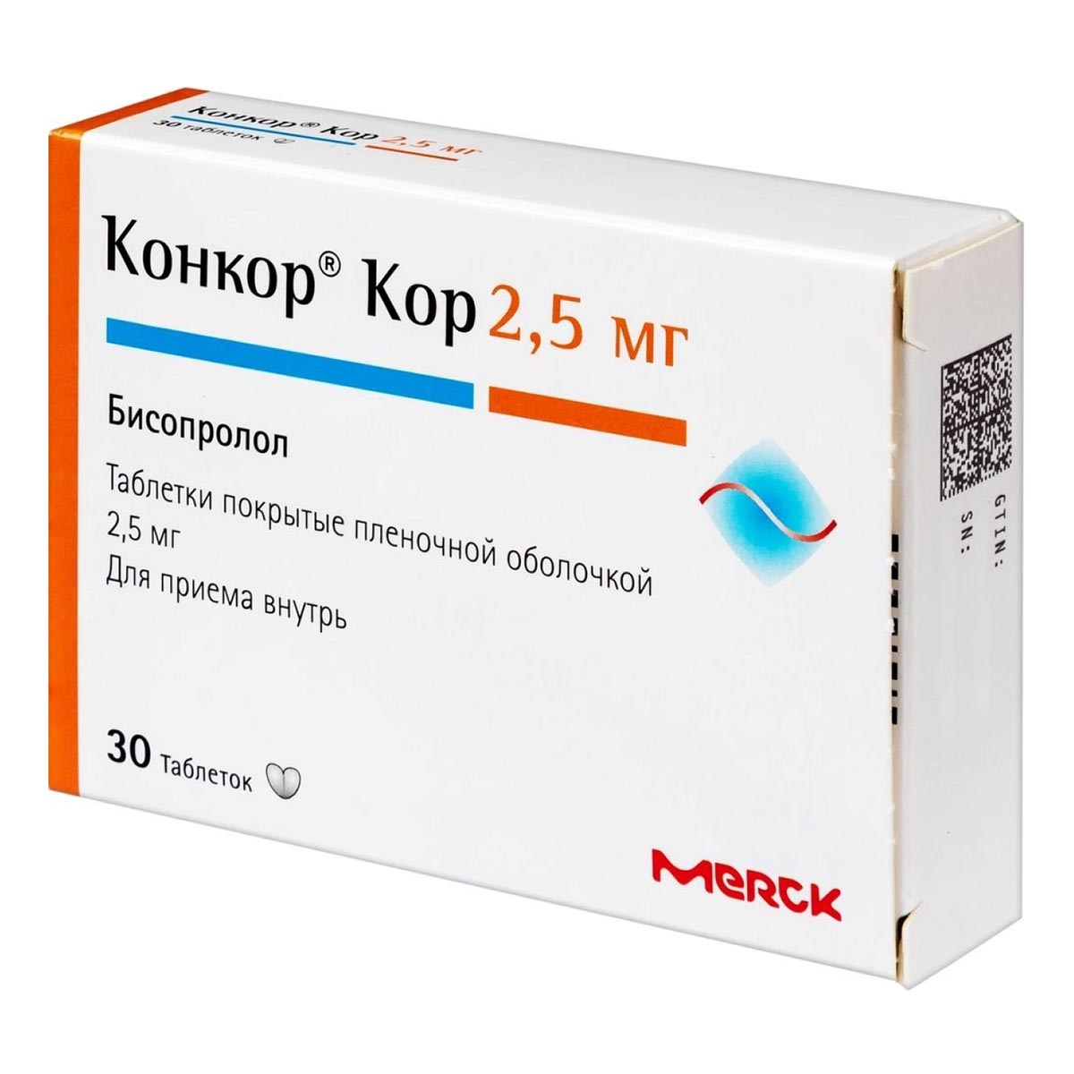 Упаковка препарата Конкор Кор, таблетки покрыт. плен. об. 2,5 мг, 30 шт.