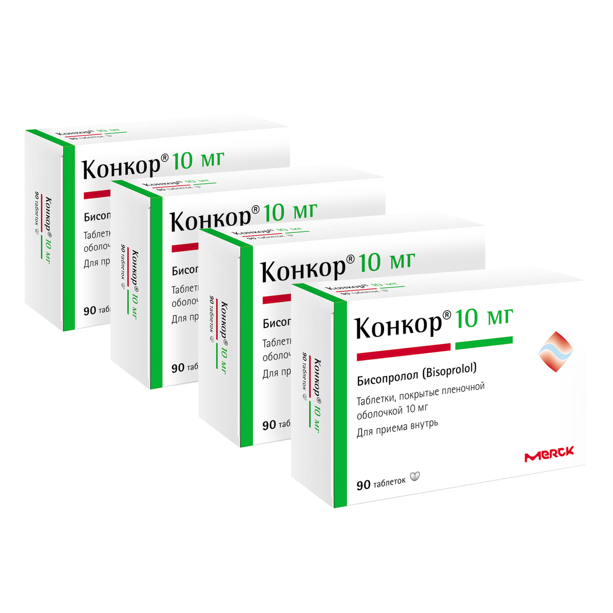 Упаковка препарата Набор 4уп Конкор таб п/п/об 10мг 90шт