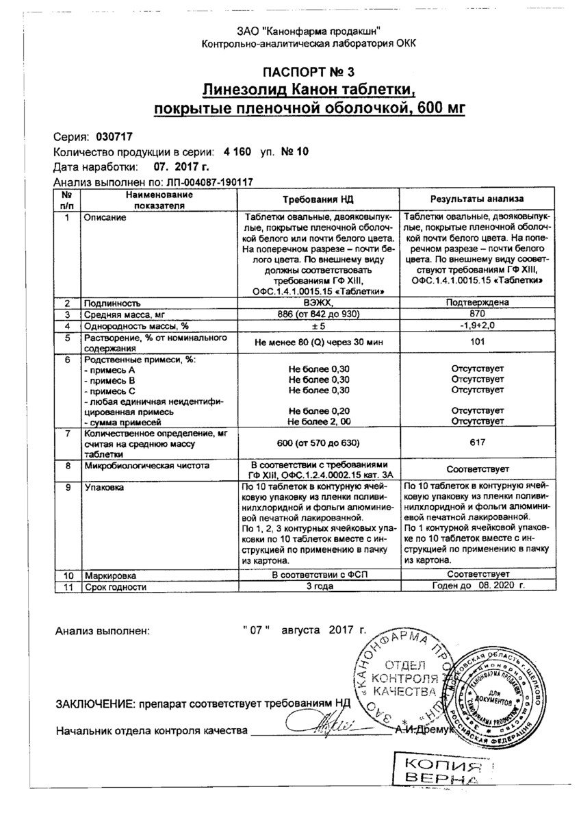 Сертификат на Линезолид