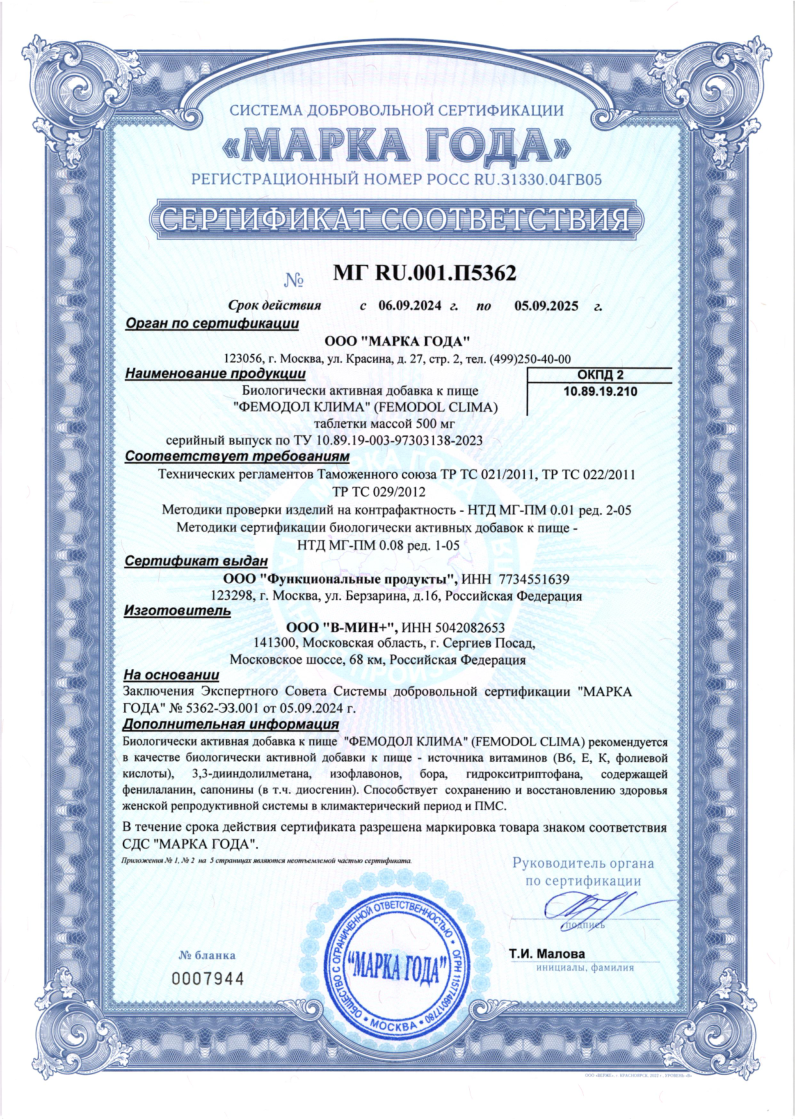 Сертификат на Фемодол Клима