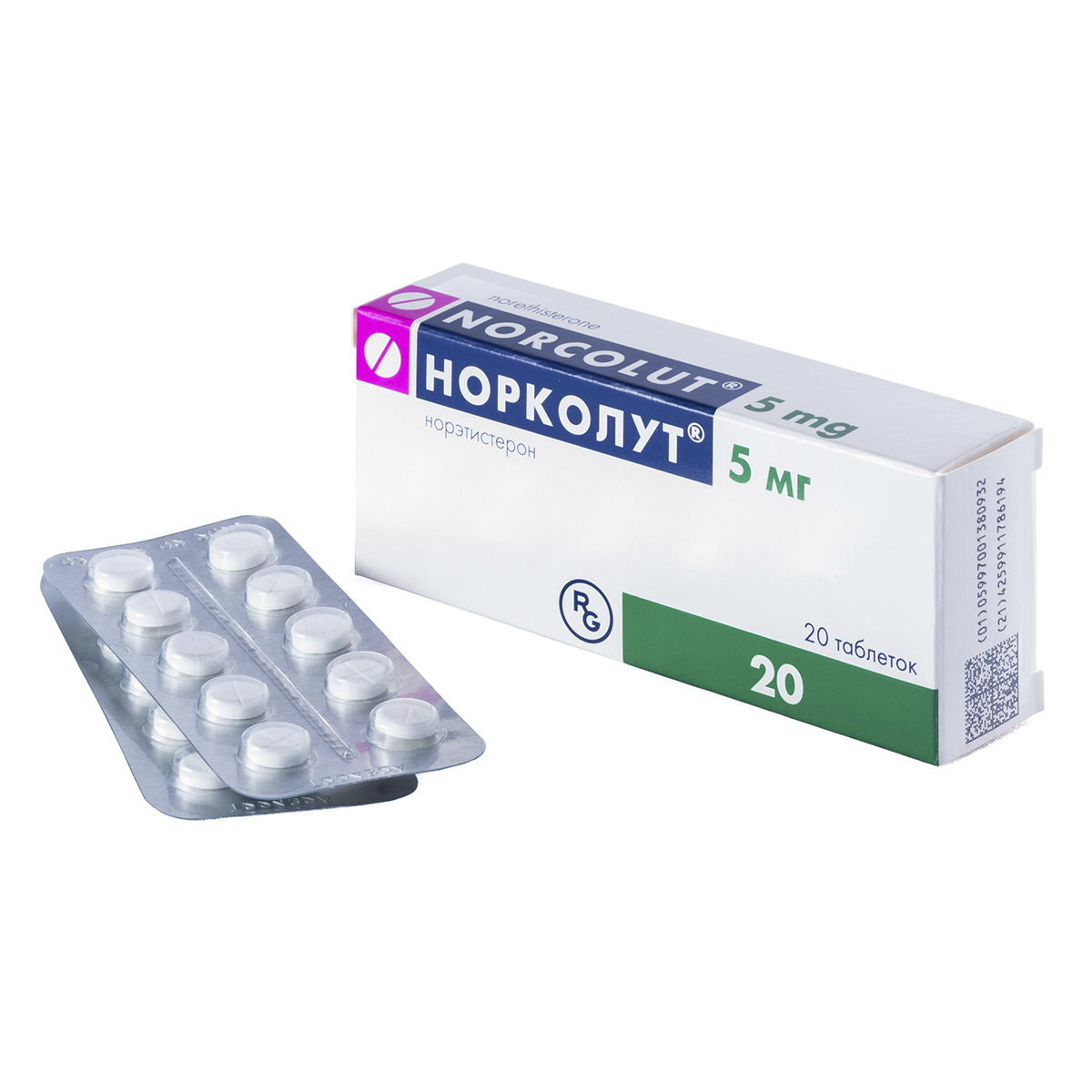 Упаковка препарата Норколут, таблетки 5 мг, 20 шт.