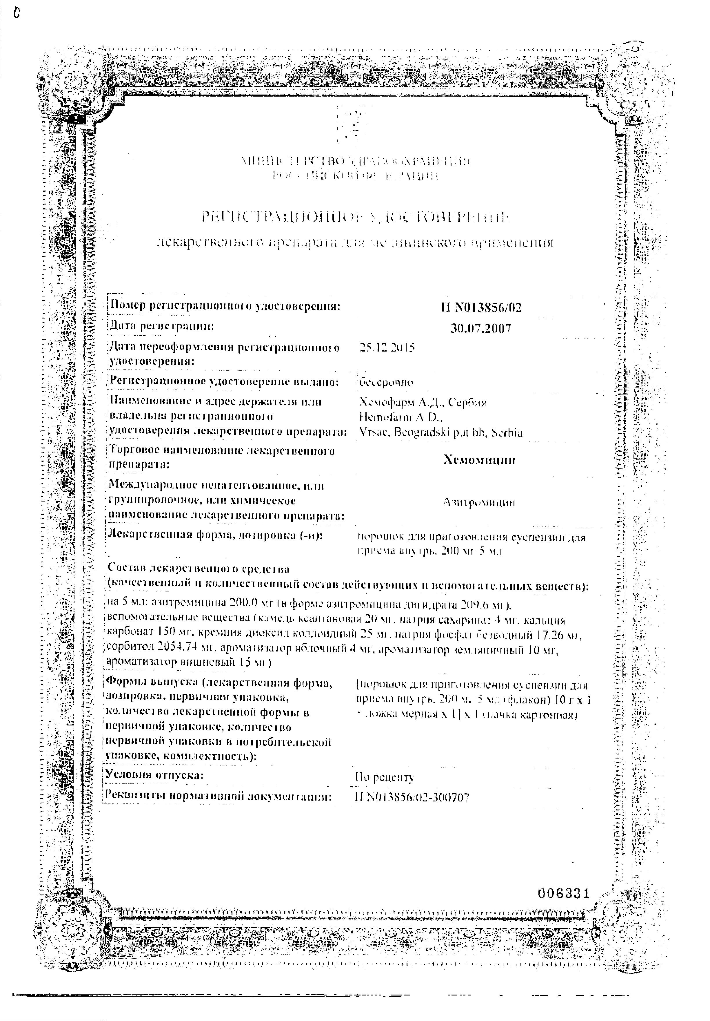 Сертификат на Хемомицин