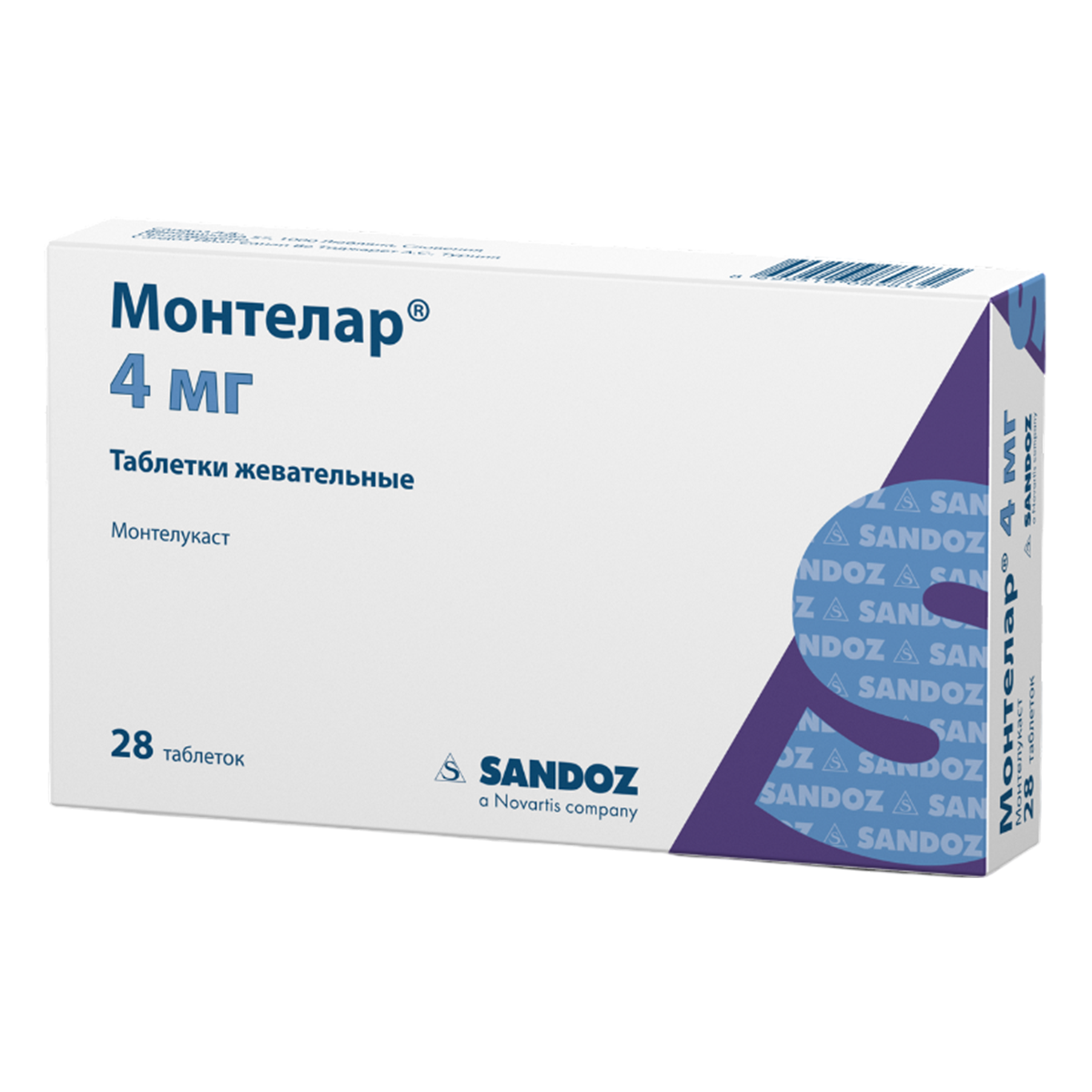 Упаковка препарата Монтелар, таблетки жевательные 4 мг, 28 шт.