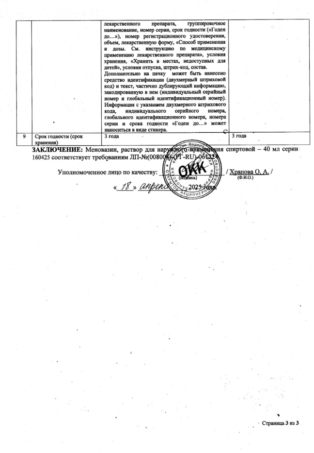 Сертификат на Меновазин