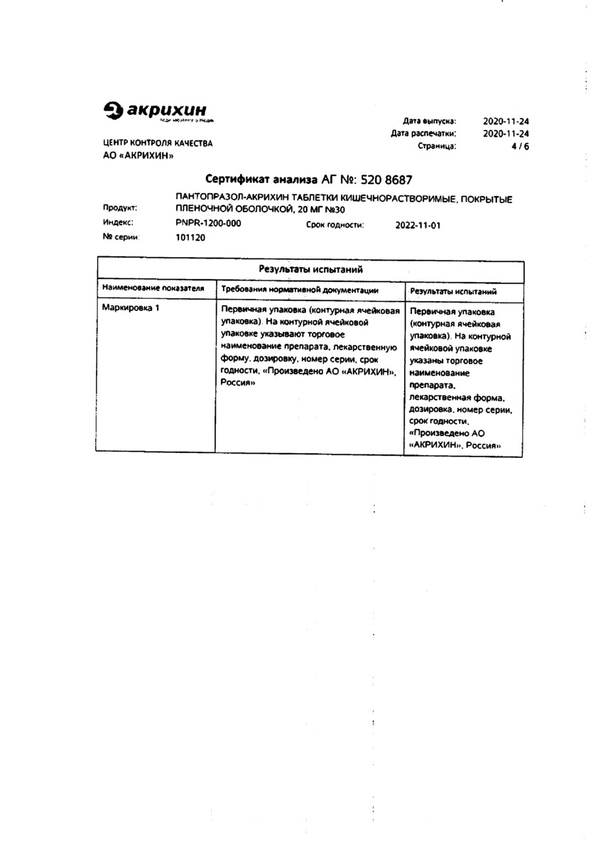 Сертификат на Пантопразол