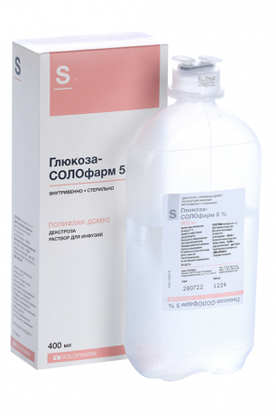 Упаковка препарата Глюкоза-СОЛОфарм, раствор для инфузий 5%, 400 мл