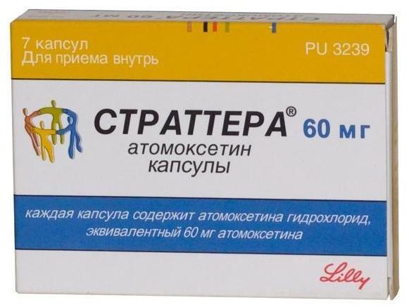 Упаковка препарата Страттера, капсулы 60 мг, 7 шт.