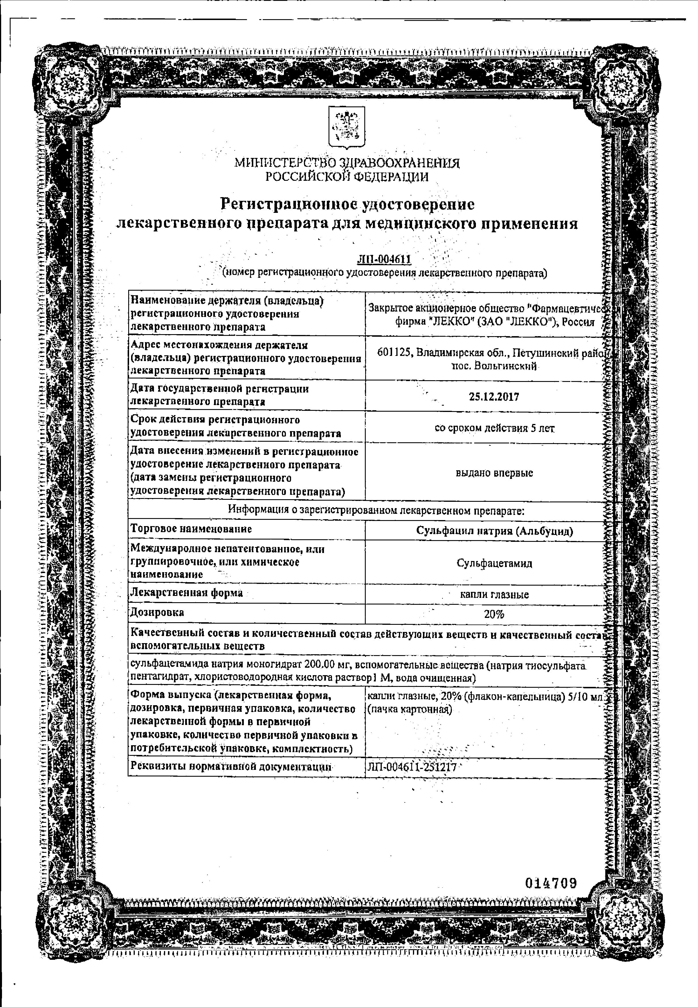 Сертификат на Сульфацил натрия