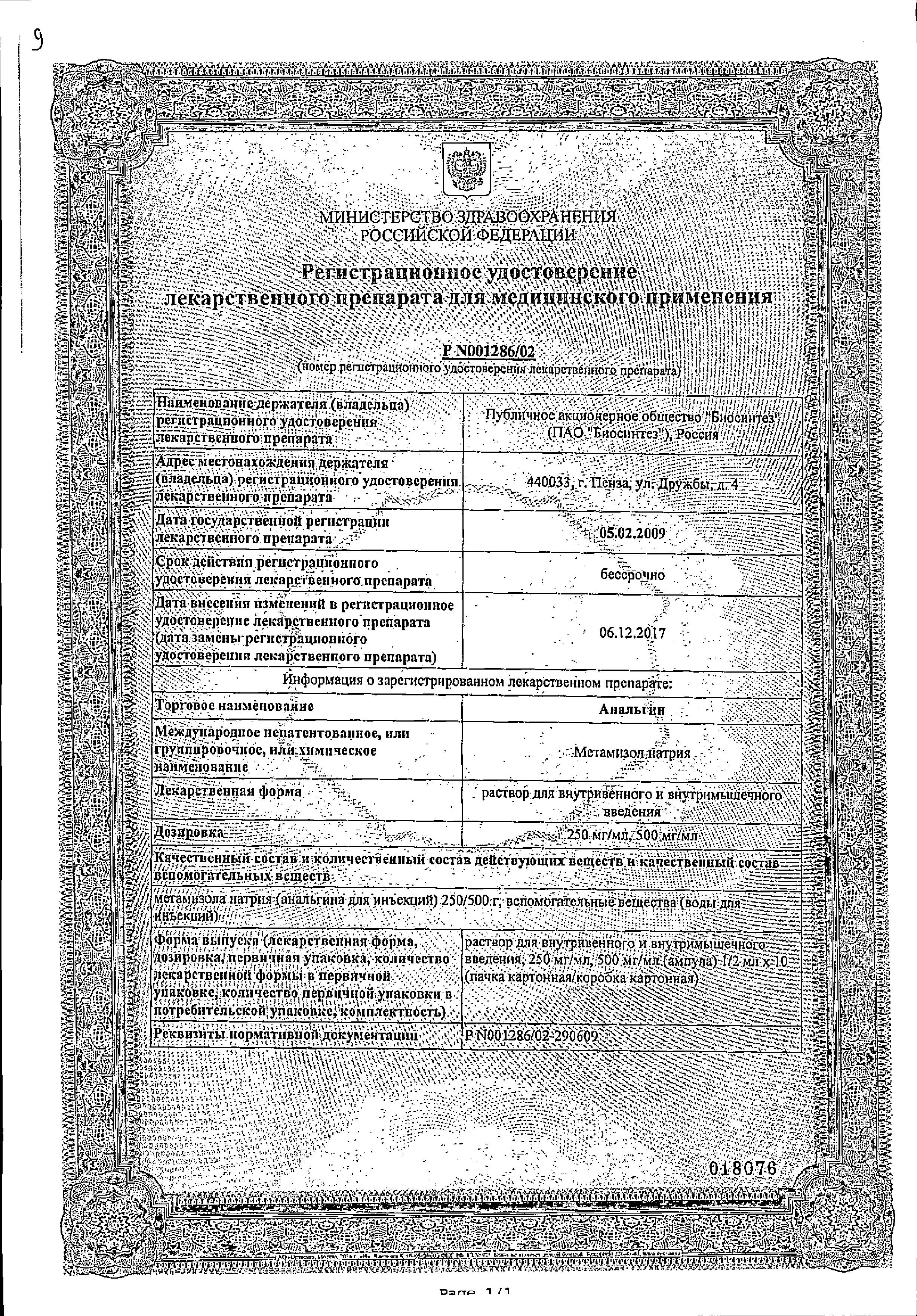 Сертификат на Анальгин